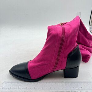 Hot Pink Side Zipper Closed Toe Chunky Heels Stretch Knee High Riding Long Boots